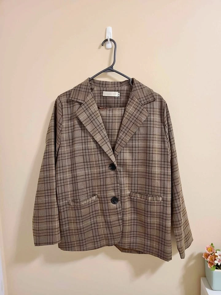 Brown Plaid Blazer&Skirt Set