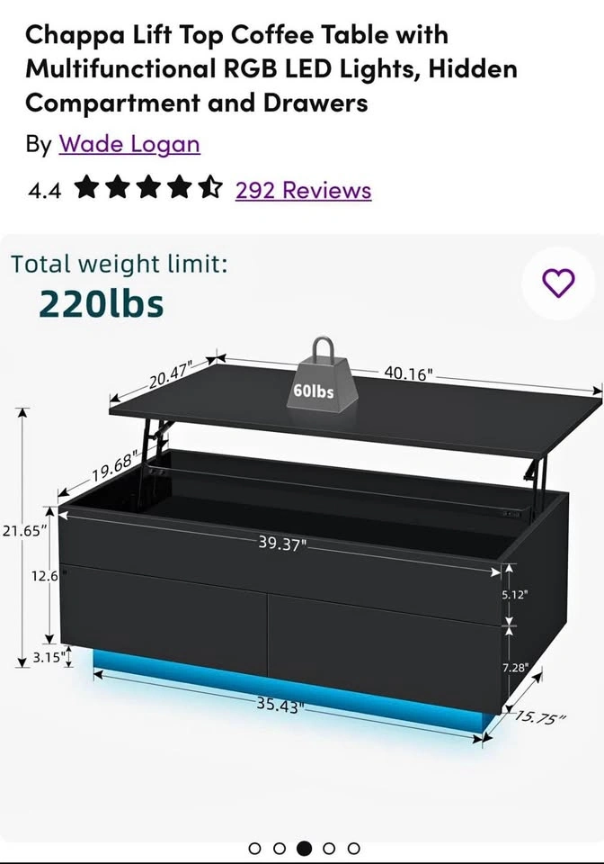 Like-New Black Lift-Top Coffee Table with LED Lights & Storage
