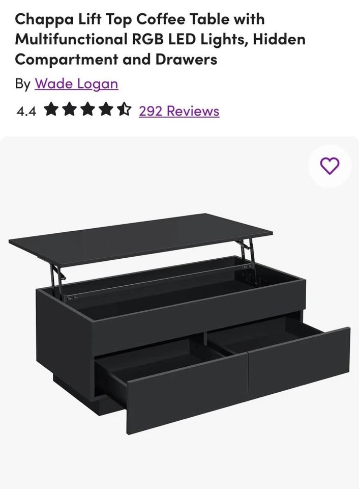 Like-New Black Lift-Top Coffee Table with LED Lights & Storage - photo 3