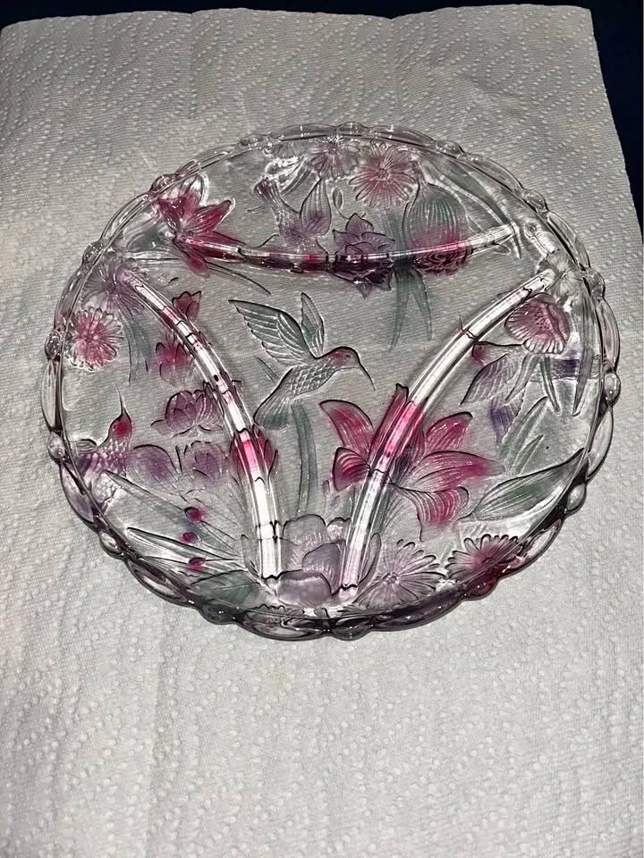 Vintage Walther Glass Hummingbird Divided Glass Dish