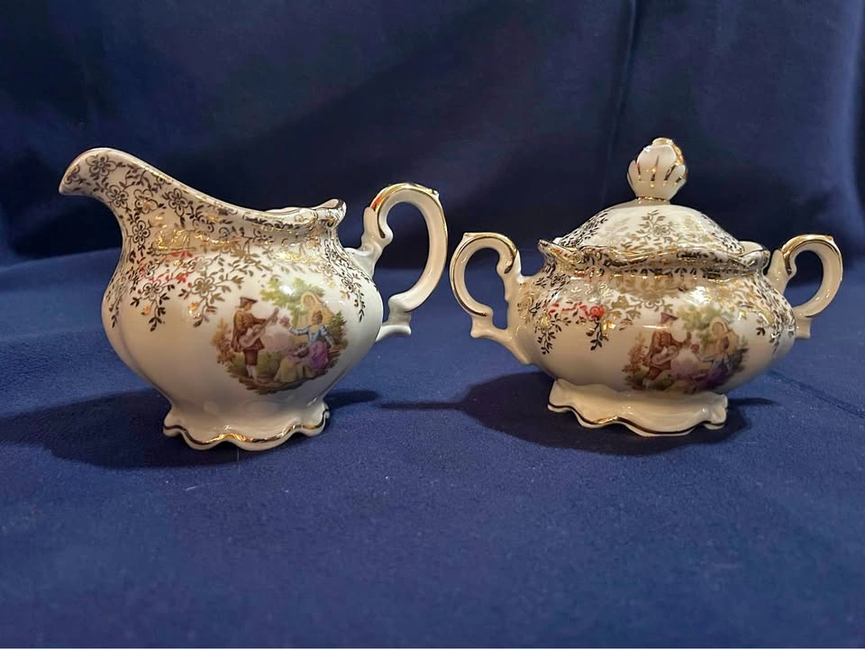 Vintage Silesia Porcelain Courting Couple Cream and Sugar Set