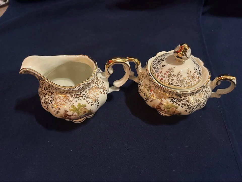 Vintage Silesia Porcelain Courting Couple Cream and Sugar Set - photo 5