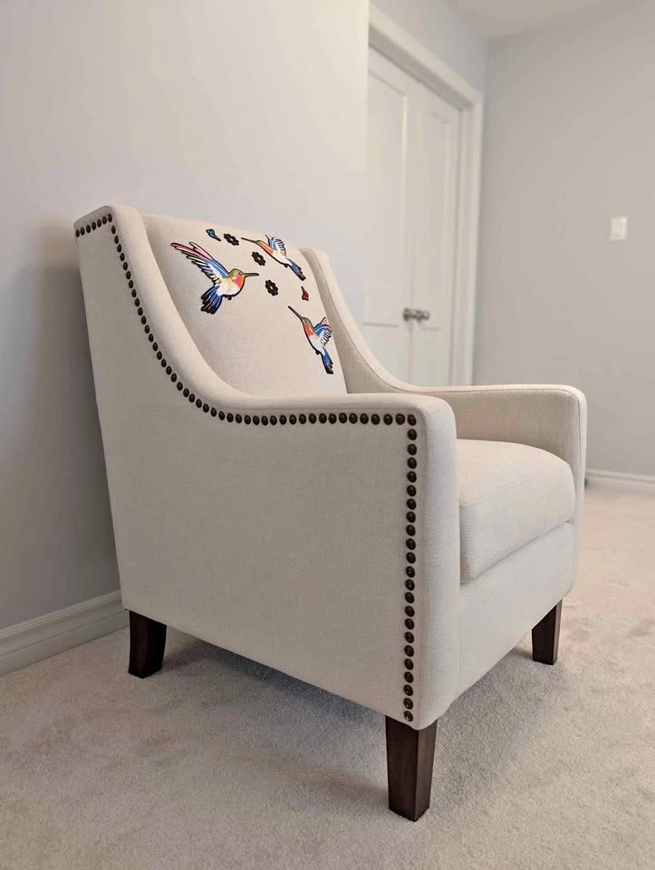 Embroidered Hummingbird and Butterfly Armchair