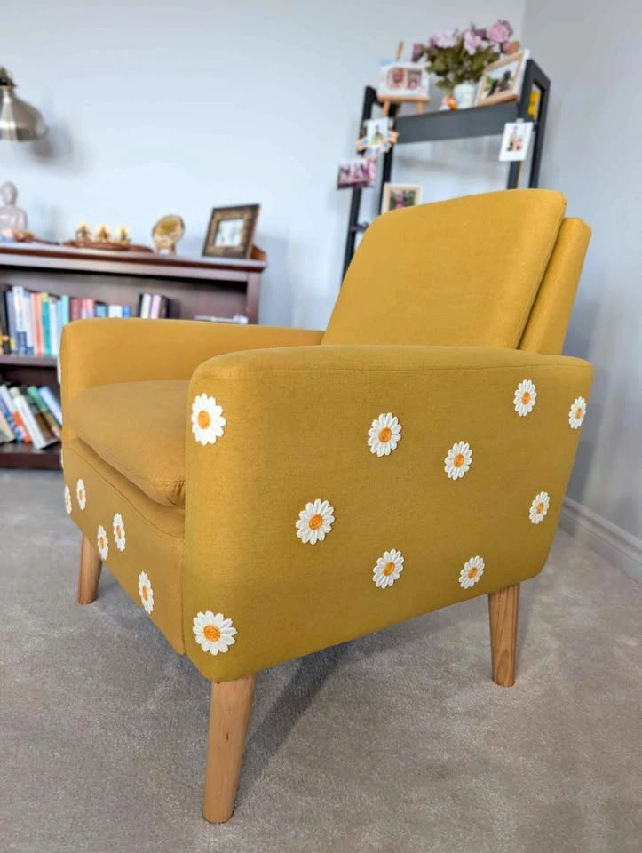 Yellow Mid-Century Modern Armchair with Daisy Appliqués