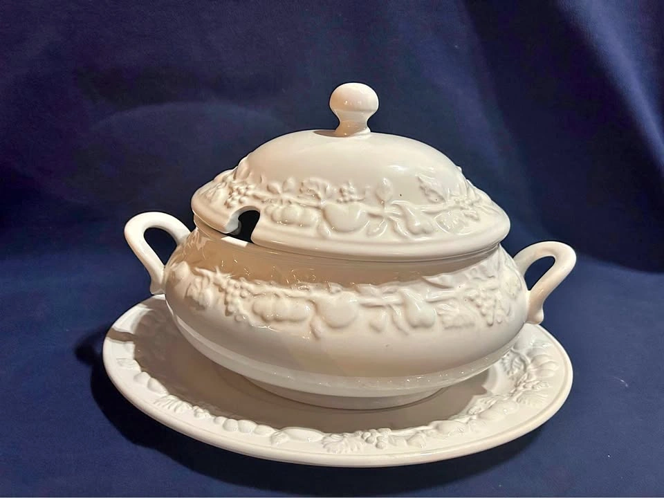 White Ceramic Soup Tureen with Lid and Underplate - Embossed Fru