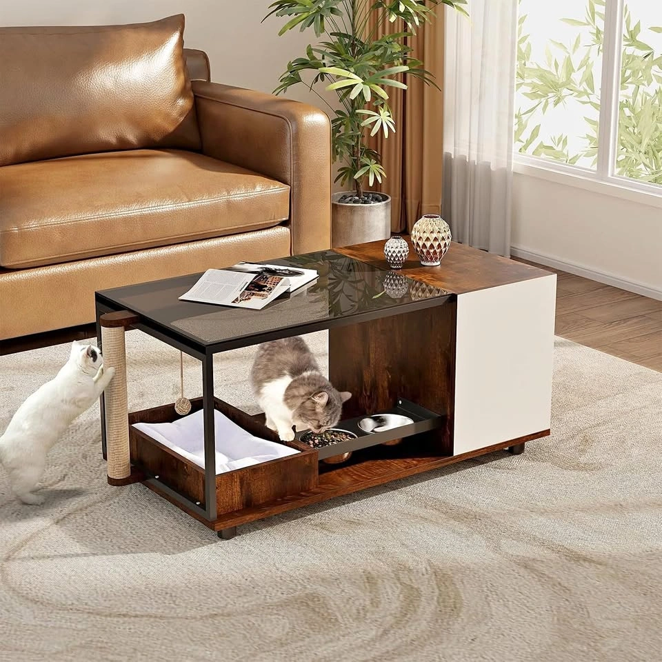 New Glass Coffee Table with Cat Scratching Post