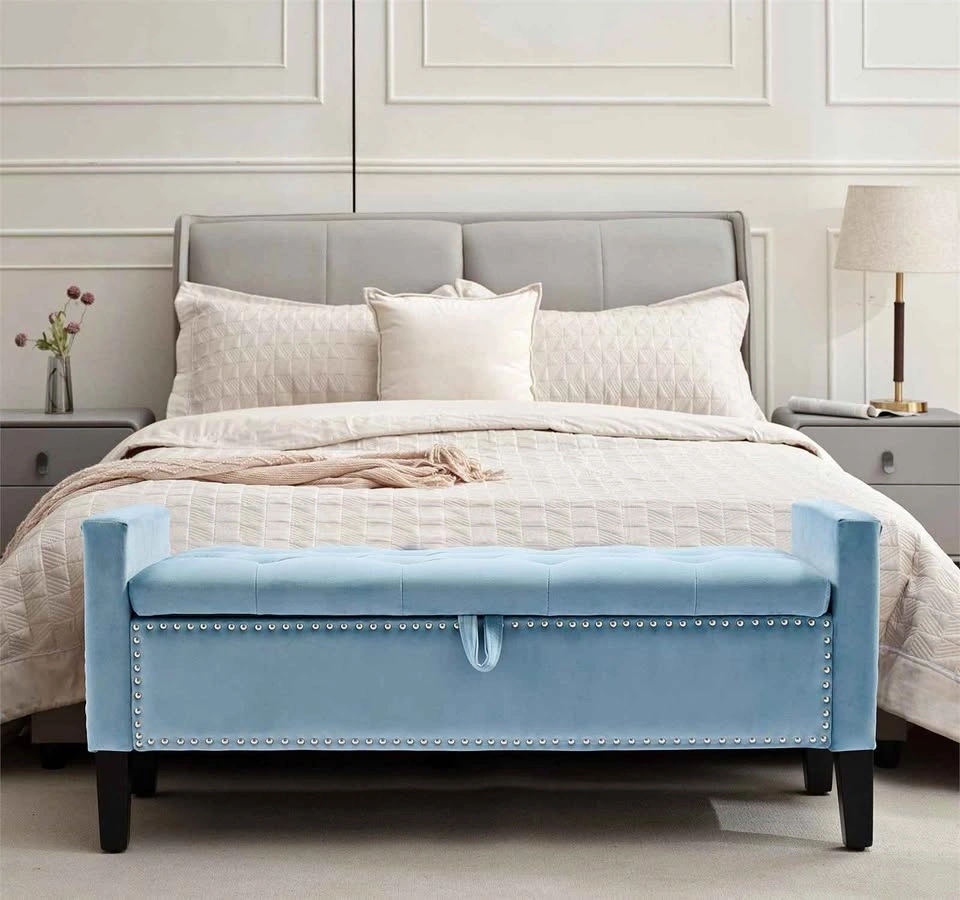 Light Blue Velvet Tufted 46" Storage Bench