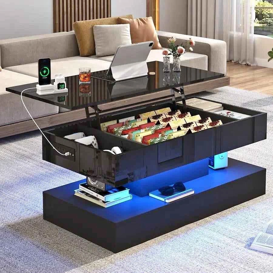 Modern Lift Top Coffee Table with LED Lights and Power Outlet