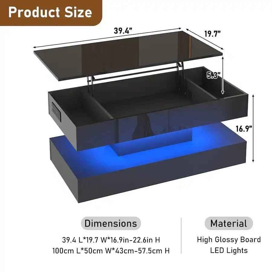 Modern Lift Top Coffee Table with LED Lights and Power Outlet - photo 2