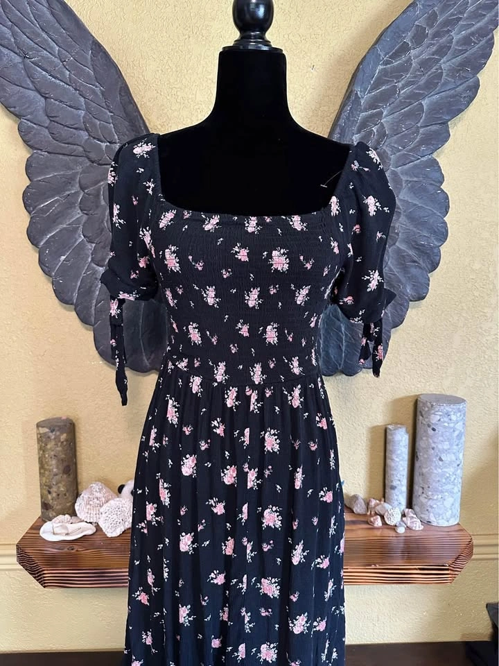 Warehouse One Floral Black Dress with sleeve ties - photo 3