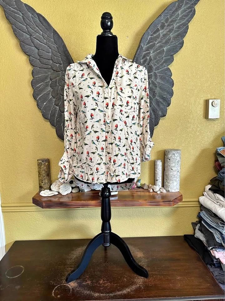 Velvet Heart Bird Print Button-Up Shirt