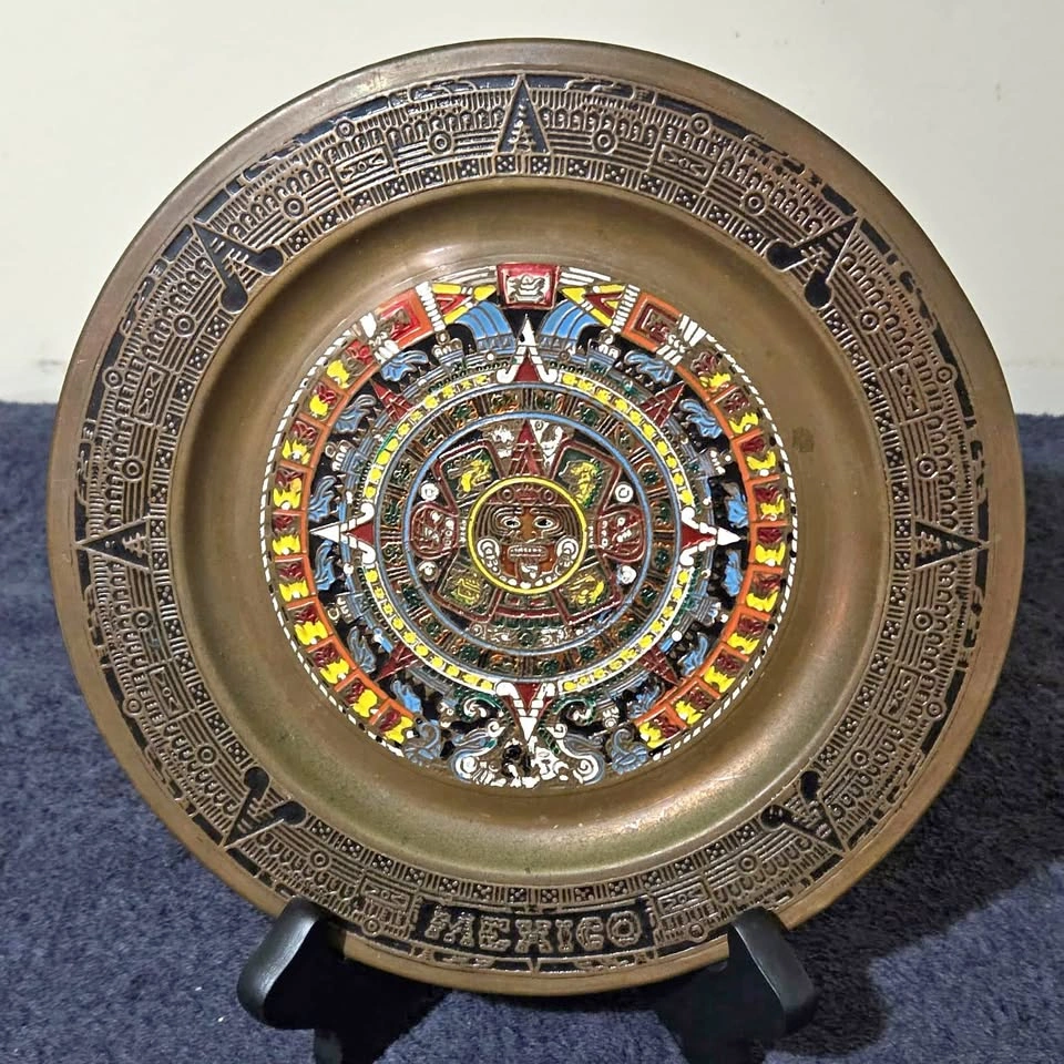 Vintage Mexican Aztec Sun Stone Brass Plate – Hand Painted – 8”