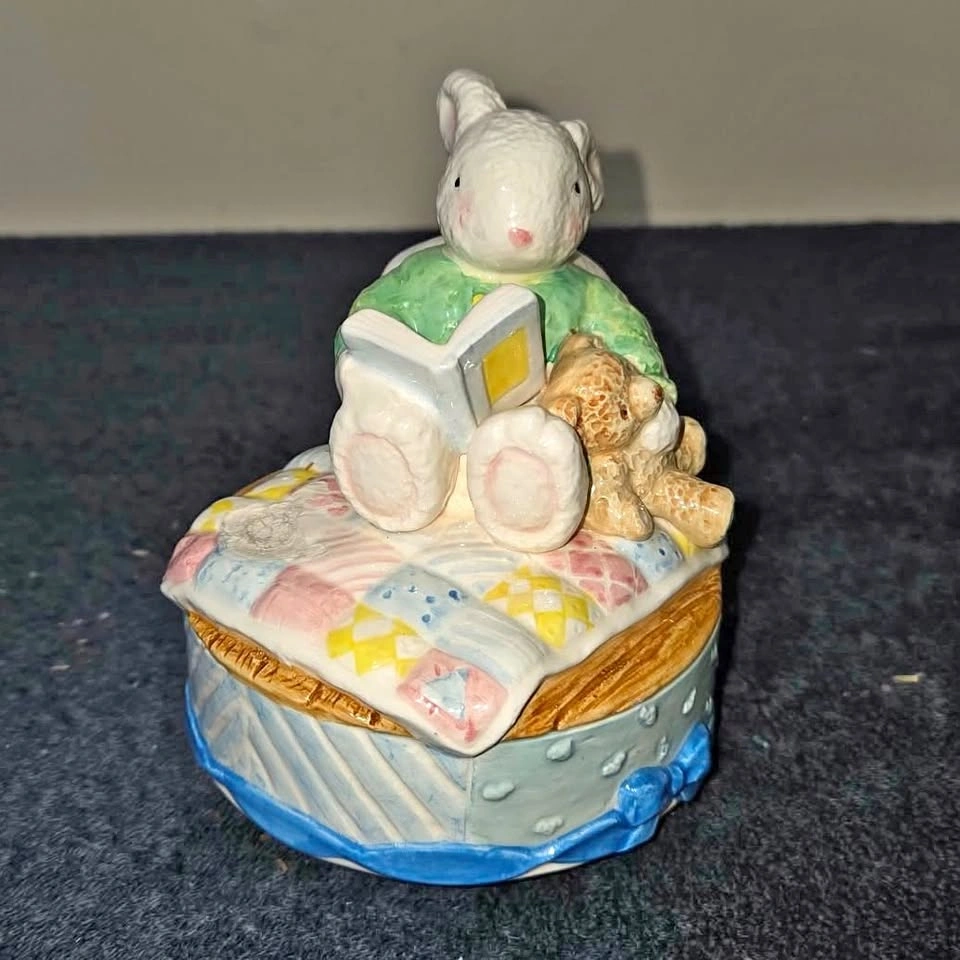 Vintage Otagiri Ceramic Music Box – Bunny Reading on Quilt