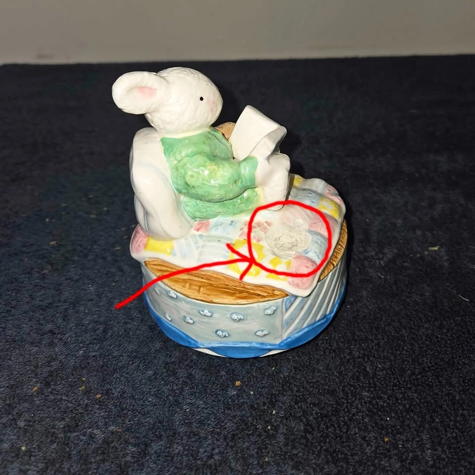 Vintage Otagiri Ceramic Music Box – Bunny Reading on Quilt - photo 3