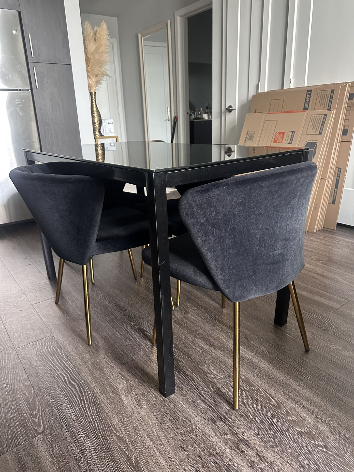 4 Velvet Dining Chair And Black glass Dining Room Table - photo 2