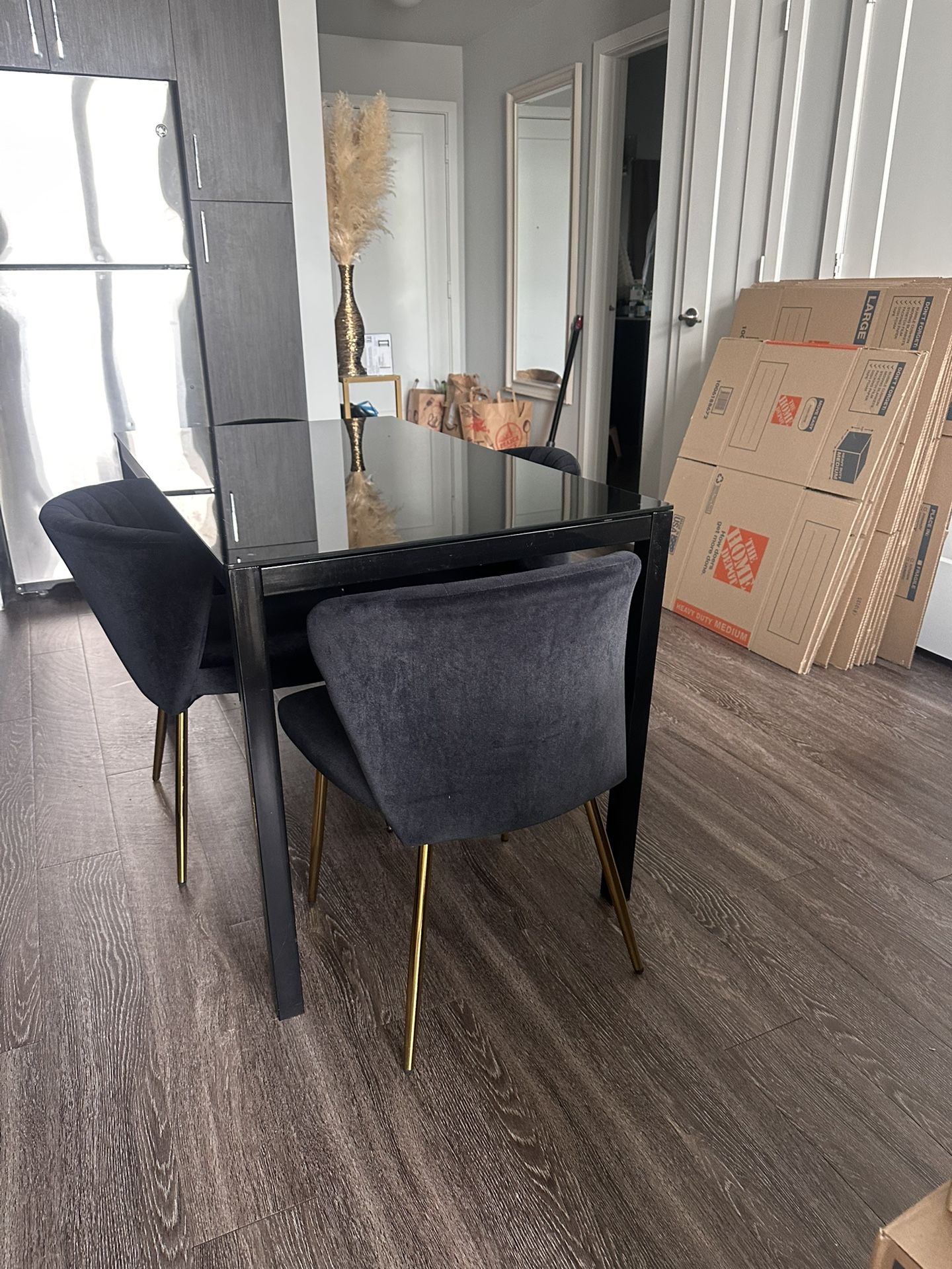4 Velvet Dining Chair And Black glass Dining Room Table - photo 4