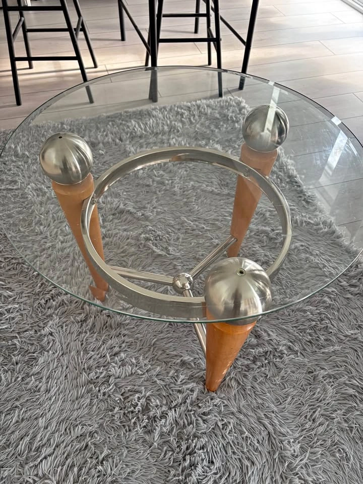 Mid-Century Modern Glass Top Coffee Table with Wood and Chrome B