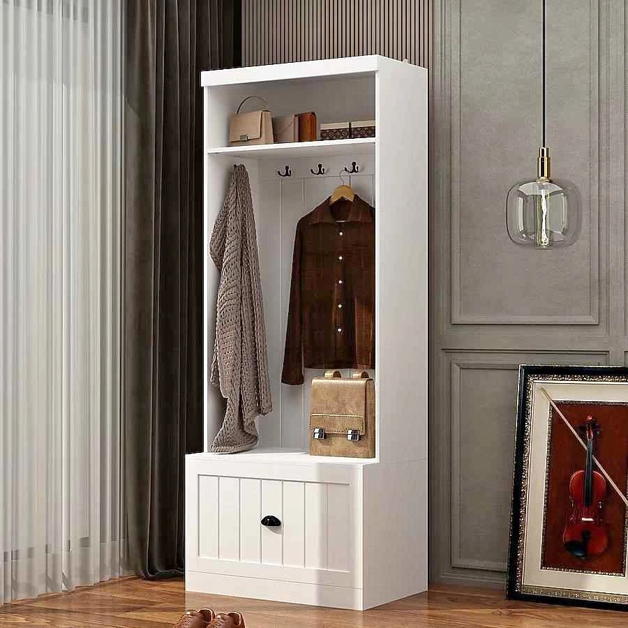 White Hall Tree with Storage Bench and Coat Hooks