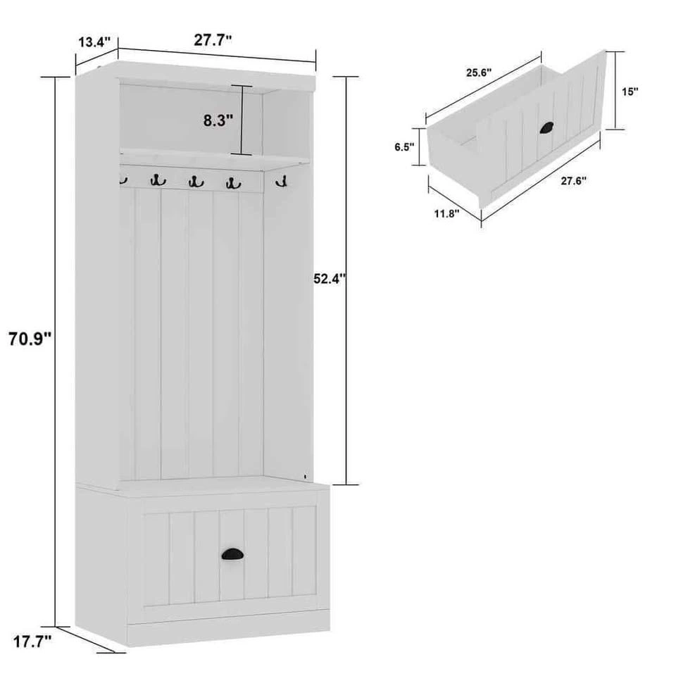White Hall Tree with Storage Bench and Coat Hooks - photo 2