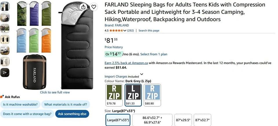 FARLAND Sleeping Bags Dark Grey (L Zip) | Size: Large(87"x33")