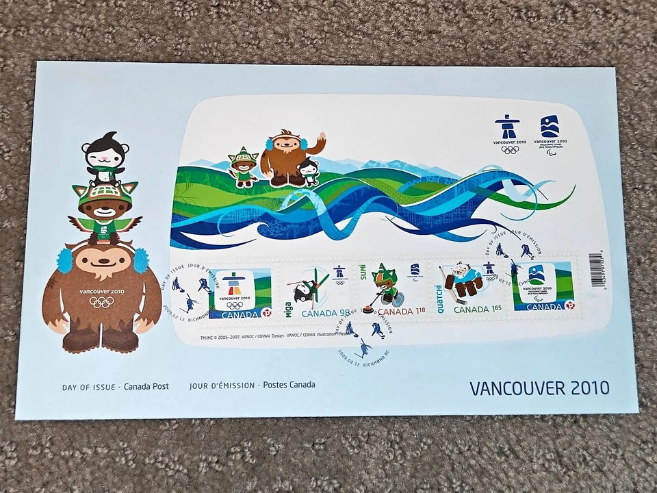First Day Covers FDC Vancouver Winter Olympics Mascots & Emblems