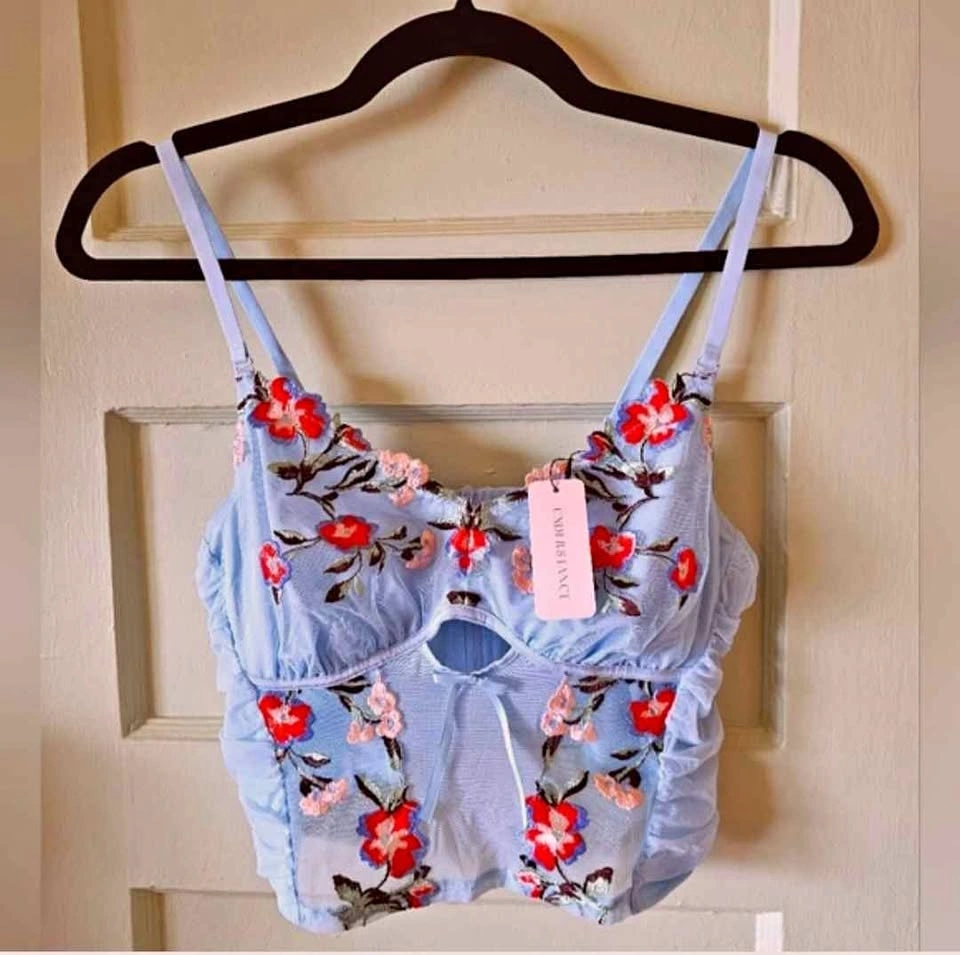 New 36A 36B Understance Embroidered Floral Sky Blue Bustier