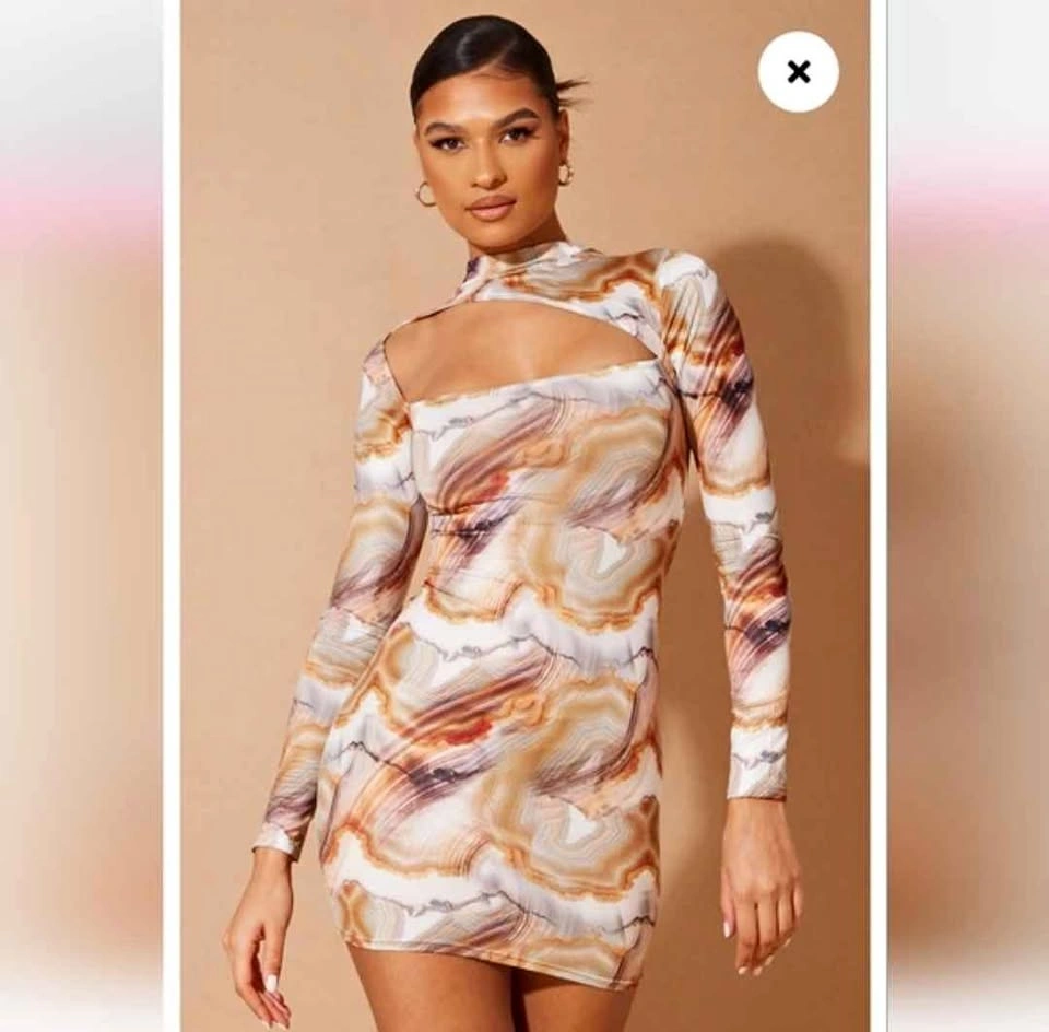 New Marble Print PrettyLittleThing Brown Asymmetric Dress
