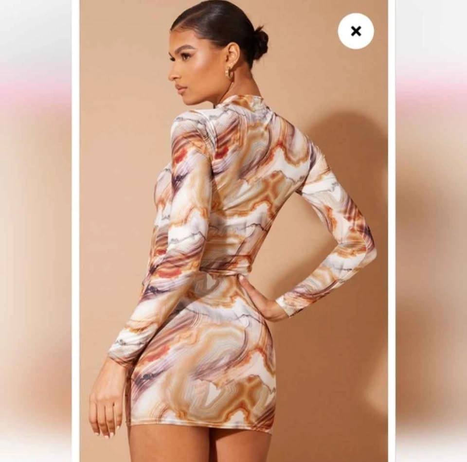 New Marble Print PrettyLittleThing Brown Asymmetric Dress - photo 2