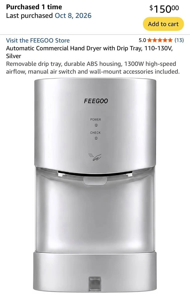 Automatic Commercial Hand Dryer with Drip Tray, 110-130V, Silver