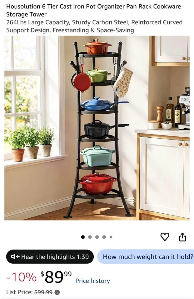 6 Tier Cast Iron Pot Organizer Pan Rack Cookware Storage Tower