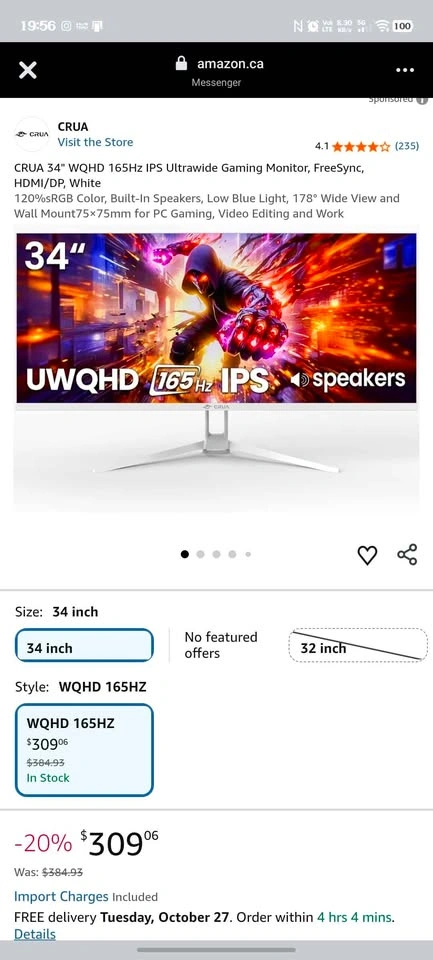 CRUA 34" WQHD 165Hz IPS Ultrawide Gaming Monitor - photo 4