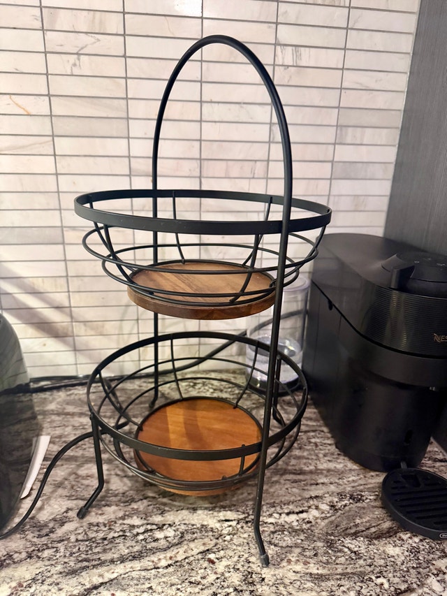 Fruit Basket Stand – Black Metal & Wood, Tiered Kitchen Storage