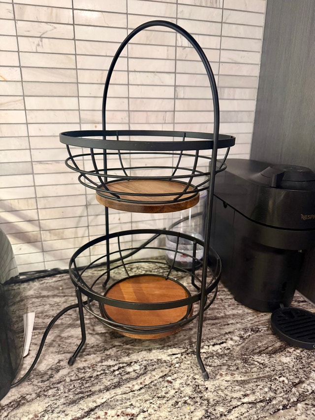 Fruit Basket Stand – Black Metal & Wood, Tiered Kitchen Storage - photo 2