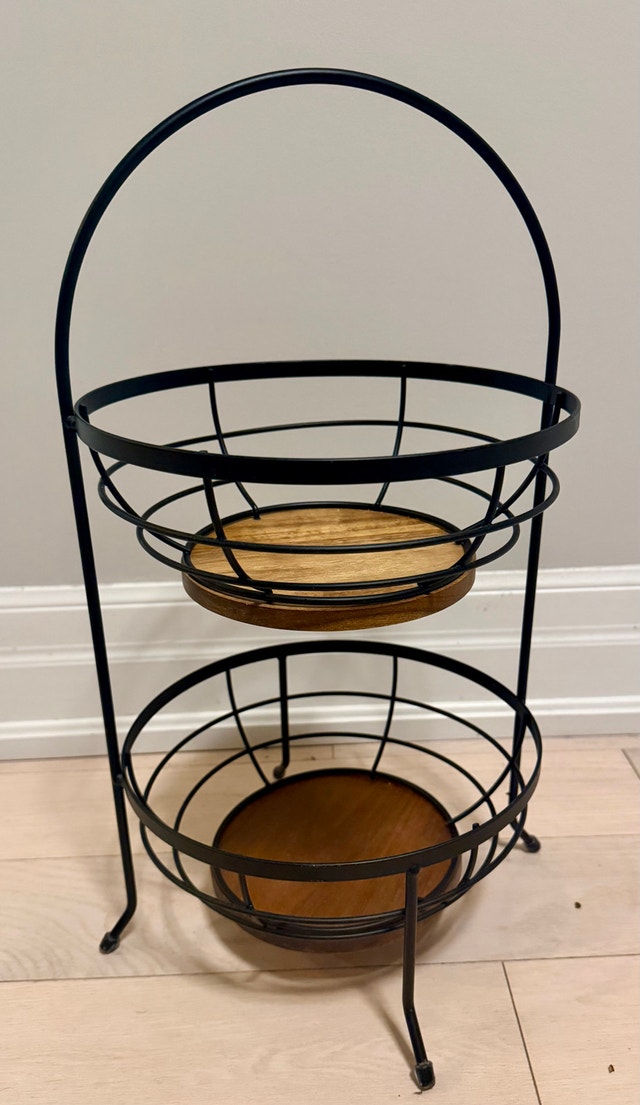 Fruit Basket Stand – Black Metal & Wood, Tiered Kitchen Storage - photo 3