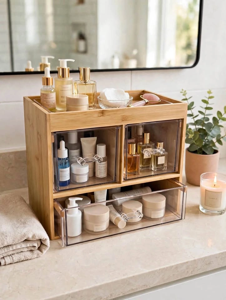 Bamboo Vanity Organizer with 3 Acrylic Drawers