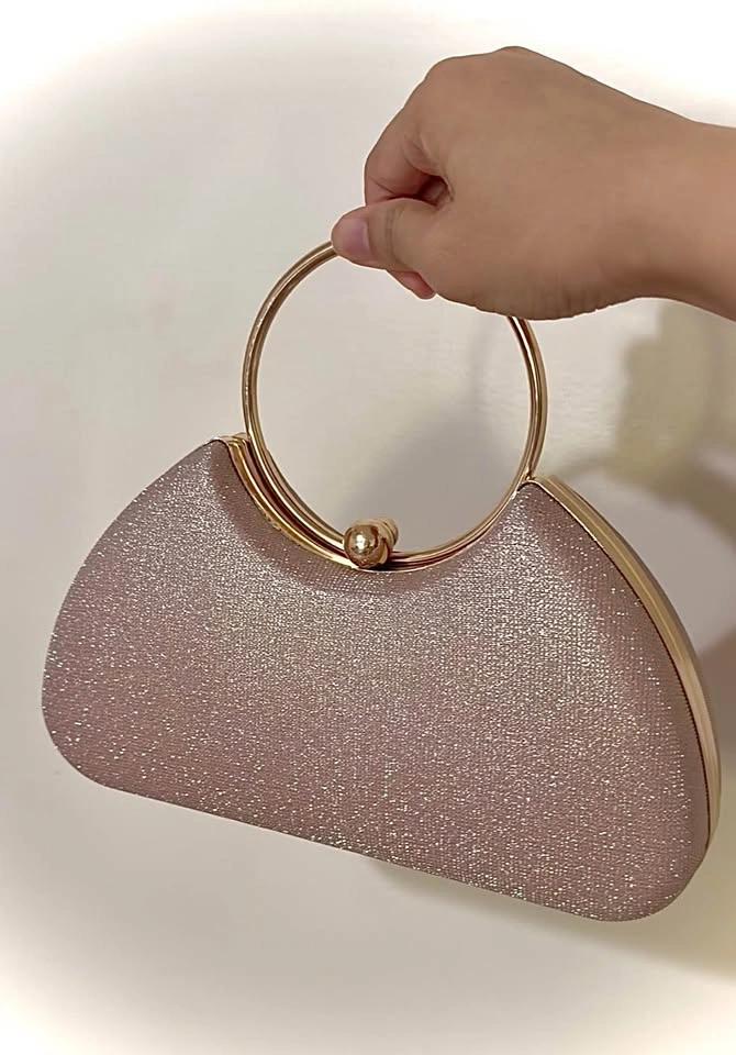 Brand New Rose Gold Glitter Satin Clutch - Ring Handle Bag