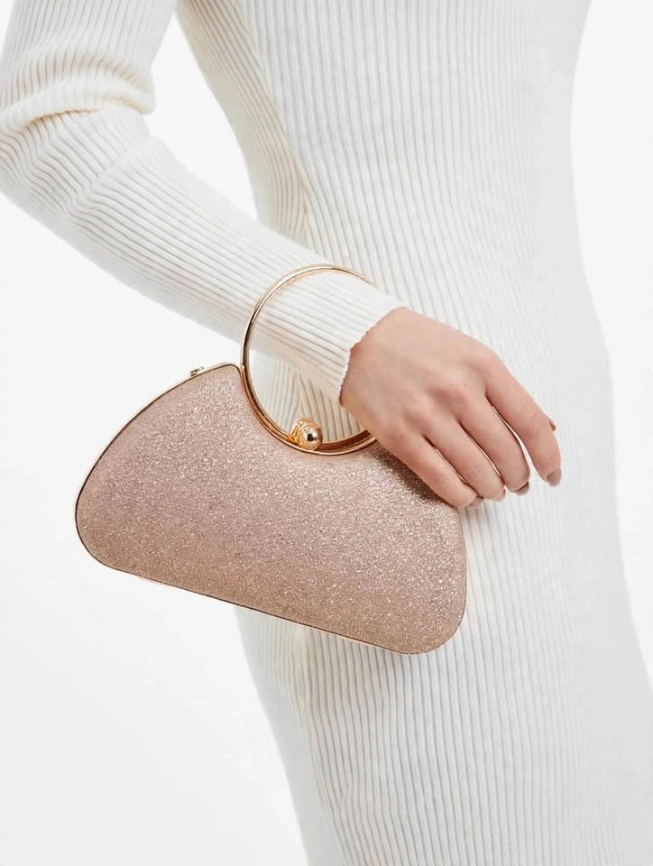 Brand New Rose Gold Glitter Satin Clutch - Ring Handle Bag - photo 5