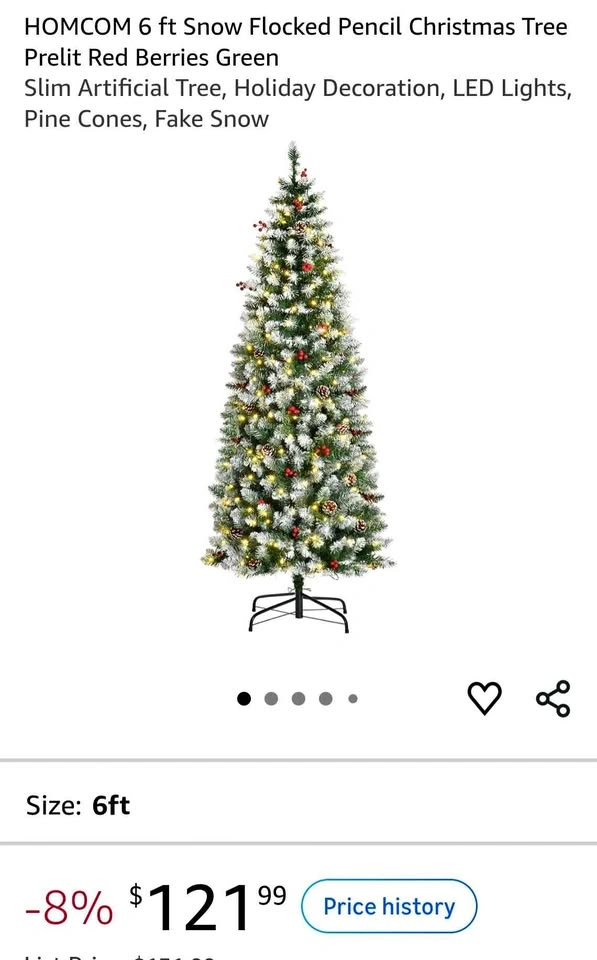6 ft Snow Flocked Pencil Christmas Tree Prelit Red Berries
