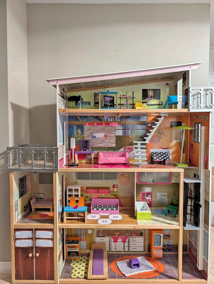 Large 4-Story Dollhouse with Elevator, Garage & Furniture