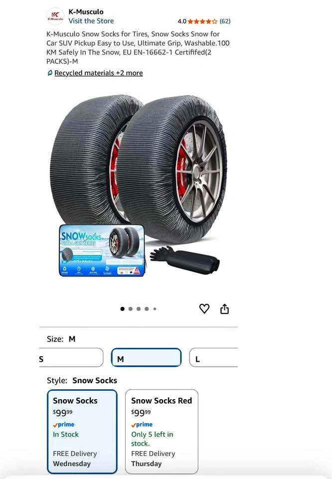 Brand New! K-Musculo Snow Socks for Tires (set of 2)