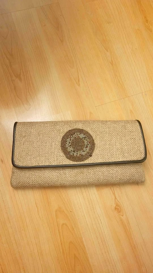 Raffia Beaded Medallion Clutch Bag