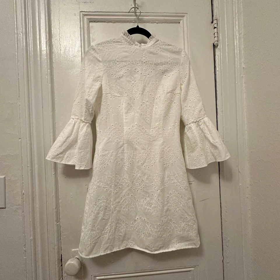 NWOT Chi Chi London White Eyelet 100% Cotton Bell Sleeve Dress