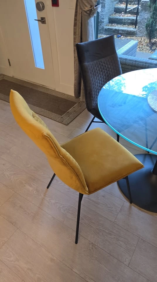 Glass Dining Table with 4 Gray and Yellow Chairs - photo 2