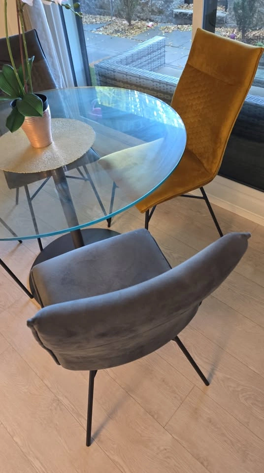 Glass Dining Table with 4 Gray and Yellow Chairs - photo 3