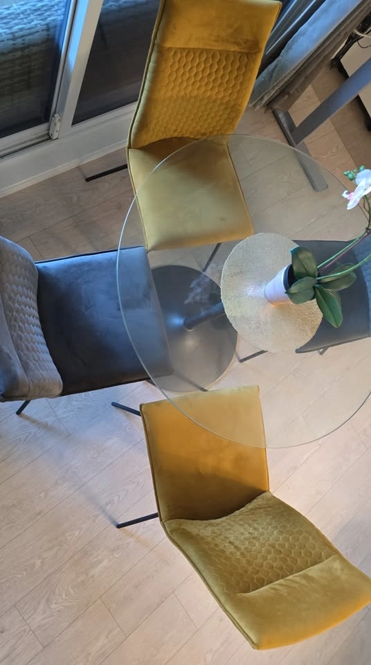 Glass Dining Table with 4 Gray and Yellow Chairs - photo 4