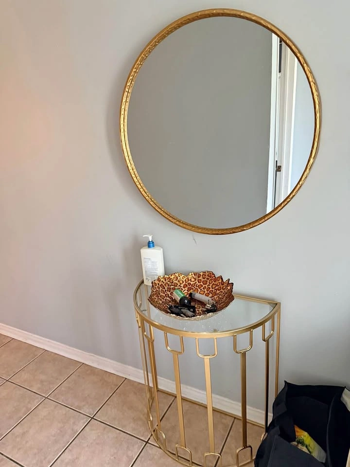 Gold Round Mirror and Half-Moon Console Table Set