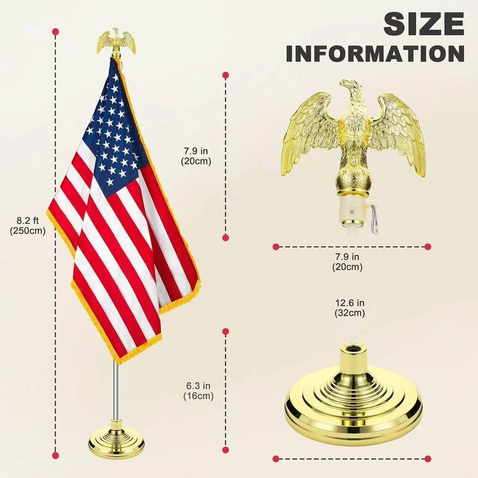 Complete Indoor US Flag Kit - 8FT Pole + Eagle Topper + Gold Bas