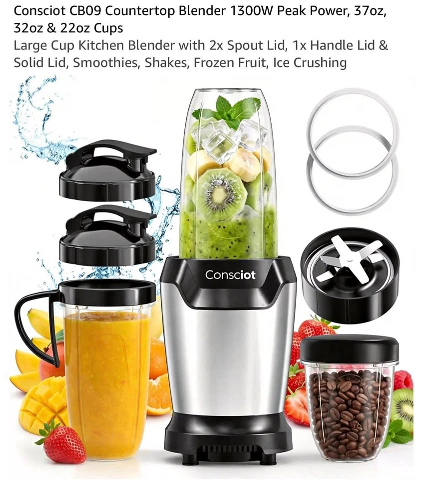 Countertop Blender 1300W Peak Power, 37oz, 32oz & 22oz Cups