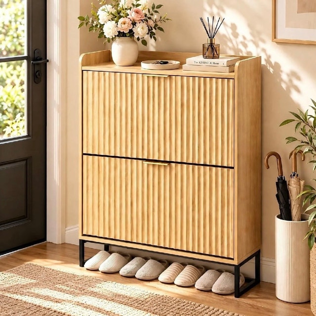 Brand New in Box VINGLI Fluted Shoe Cabinet, 2 Drawers