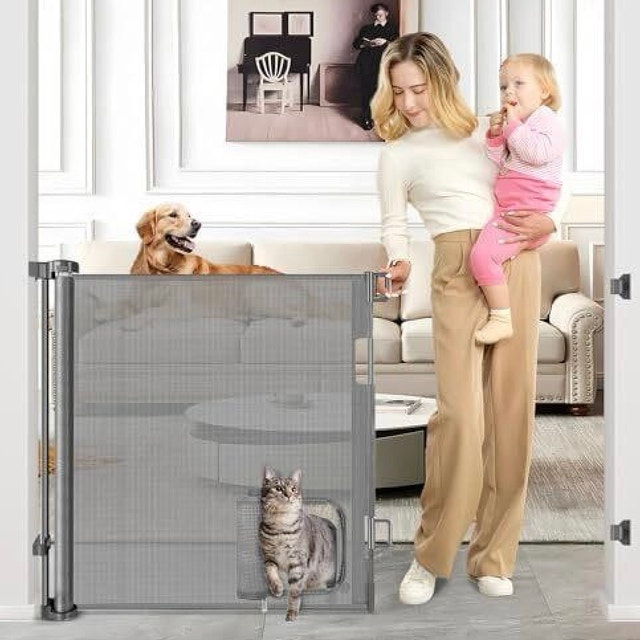 New in Box Retractable Dog Gate with Cat Door 55" Wide